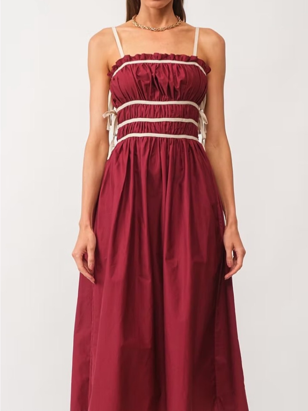 Women's Wine Red Sleeveless Maxi Dress with Contrast Trim